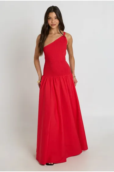 Shirred Bodice Maxi Dress With Asymmetric Neckline - red
