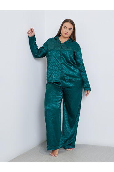 Plus Satin Jacquard Shirt and Pyjama Set