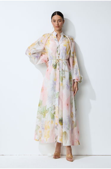 Petals in Motion White Floral Print Long Sleeve Maxi Dress