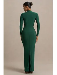 فستان ماكسي مزموم بياقة عالية - أخضر - 1