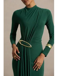 فستان ماكسي مزموم بياقة عالية - أخضر - 2