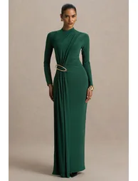 فستان ماكسي مزموم بياقة عالية - أخضر - 3