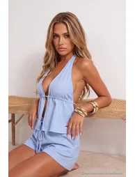 Striped Woven Super Mini 100% Cotton Beach Blouse Shorts Set - 4