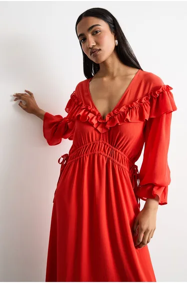 Ruffle Shoulder Detail V Neck Boho Maxi Dress