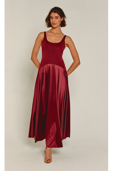 Wine Curved Drop Waist Maxi Dress