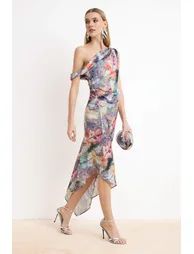 Multi-Colored Abstract Floral Pattern Asymmetrical Collar Maxi Dress