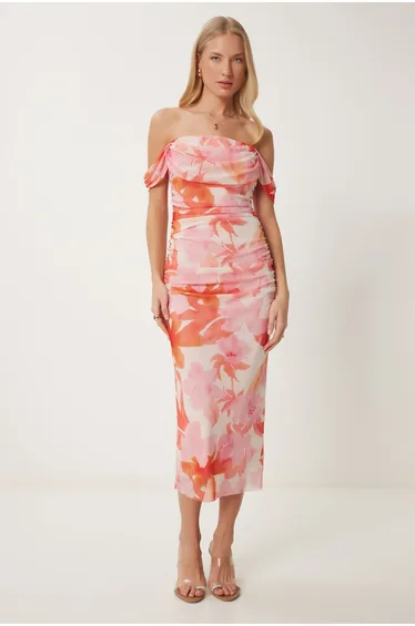 Women's Orange Pink Draped Patterned Midi Dress