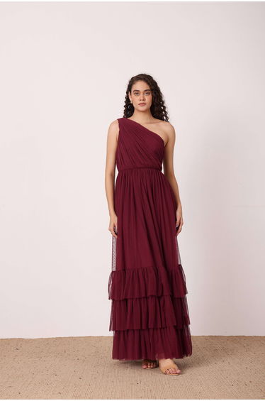Nicolette One Shoulder Maxi Dress in Wine
