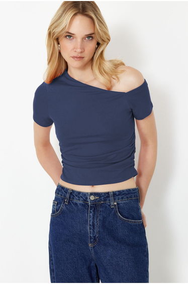 Indigo Gathered Asymmetrical Neckline Stretchy Knitted Blouse