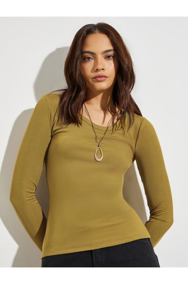Olive Round Neck Ribbed Knit Top