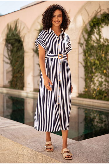 Yumi Navy Stripe Print Relaxed Midi Shirt Dress With Belt