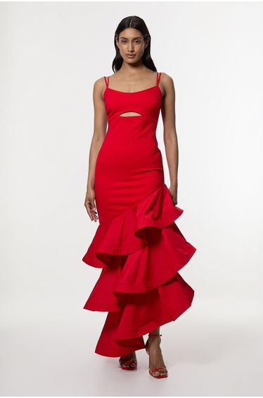 Cotton Ponte Jersey Ruffle Hem Maxi Dress