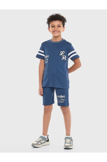 Boys Blue Cotton Embroidered T-Shirt and Shorts Set