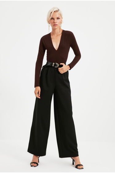 Brown Deep V-Neck Snap Knitted Bodysuit