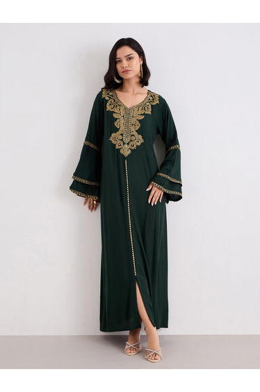 Layered Flare Sleeve Jalabiya with Thread Embroidery