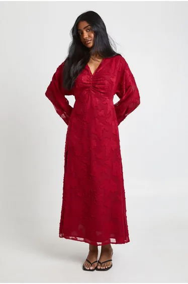 Floral Burnout Volume Sleeve Midi Dress - merlot