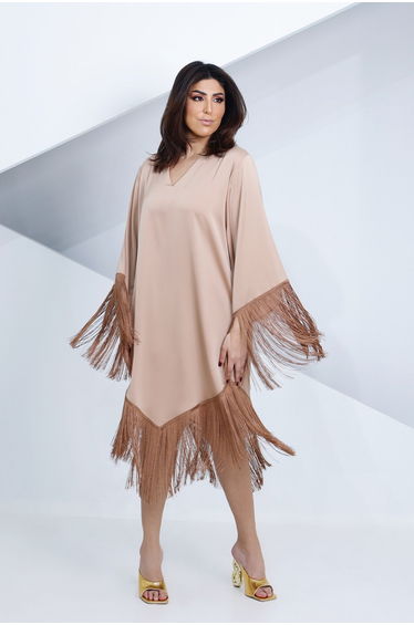 Satin Tassel Midi Dress - Beige