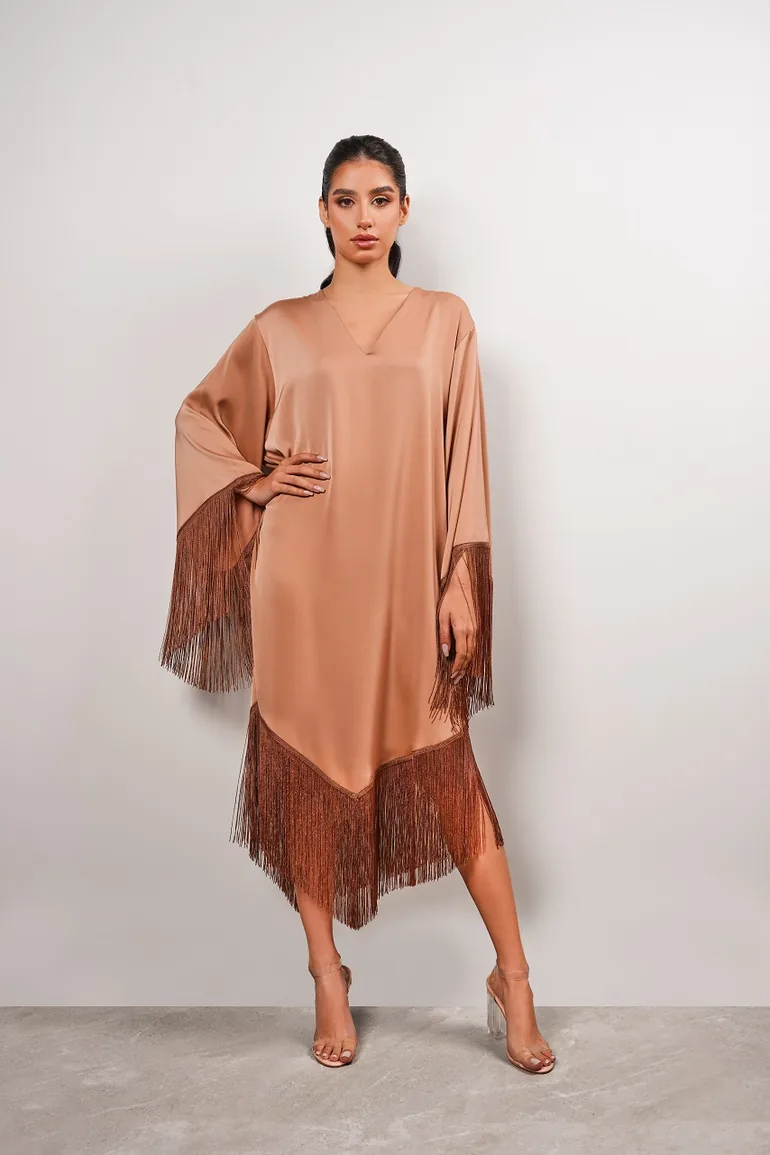 فستان ميدي ساتان بشراشيب - بيج