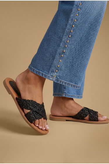 Madaline Faux Leather Crotchet Mule Flat Sandals