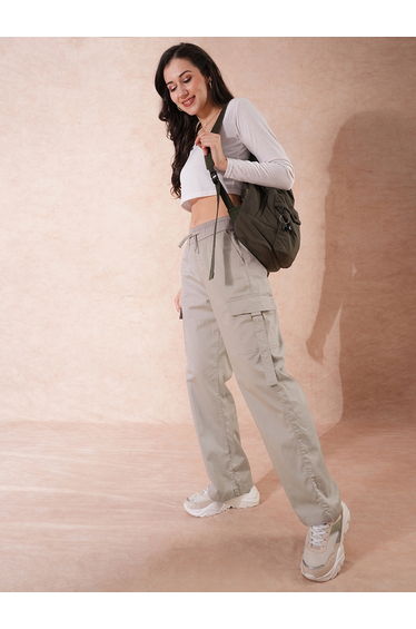 Grey Cotton Mid-Rise Wide Leg Cargo Trousers