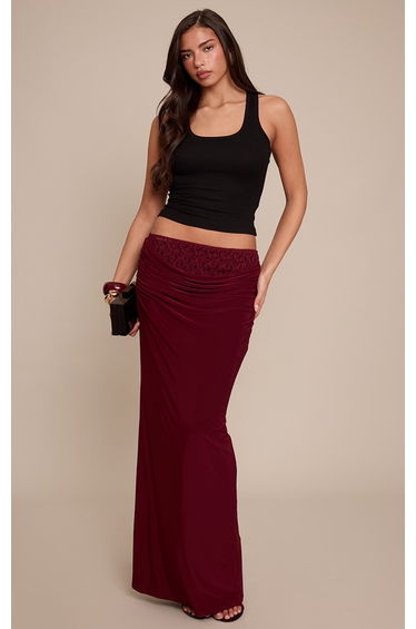 Plum Lace Underlay Double Slinky Cowl Maxi Skirt