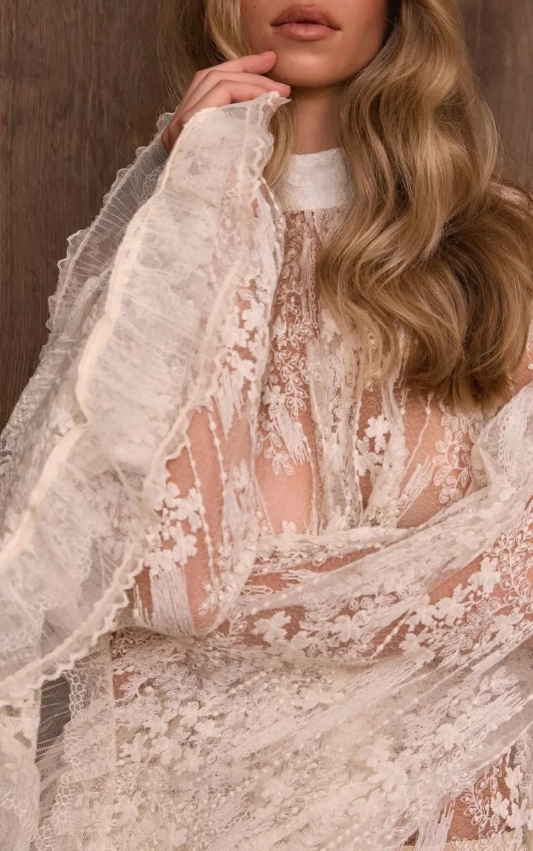 Cream Textured Sheer Lace Long Sleeve High Neck Floaty Mini Dress - 3
