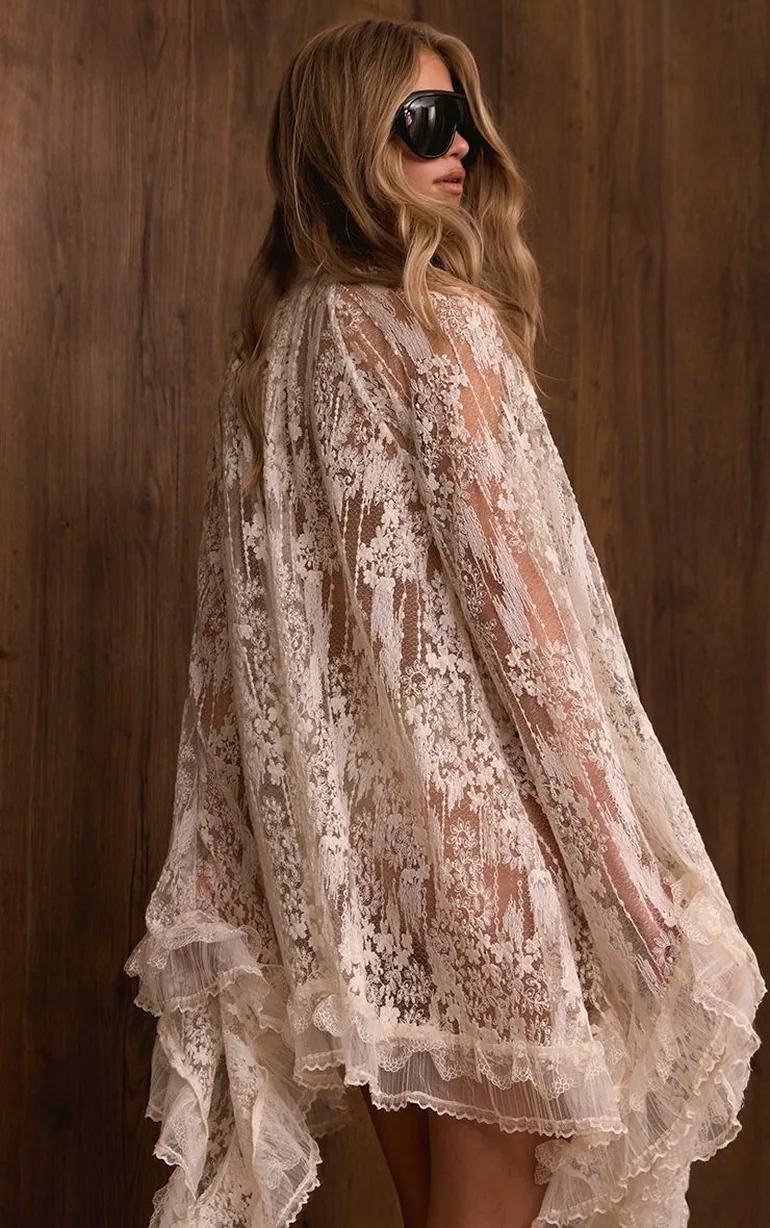 Cream Textured Sheer Lace Long Sleeve High Neck Floaty Mini Dress - 2