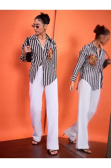 Striped Regular Fit Shirt with Beaded Detail