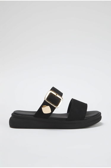 Black Suede Gold Buckle Flat Women's Slippers