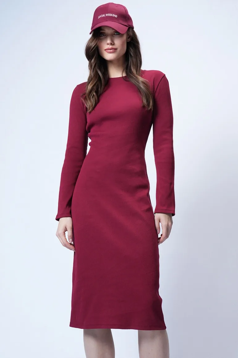 Women's Burgundy Crew Neck Midi Length Knitted Dress - 3