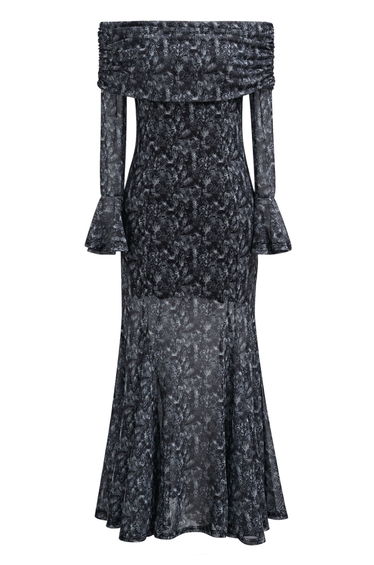 Swaying Dandelion Printed Off-Shoulder Mesh Bodycon Dress