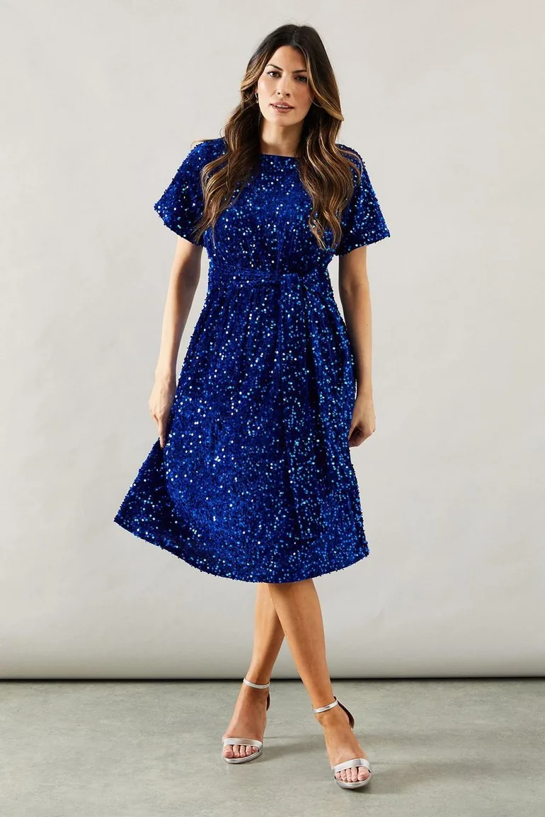 knee length dresses for ladies Occasion Sequin Puff Sleeve Midi Dress – Nothing Fancy Just Stylish main image 0