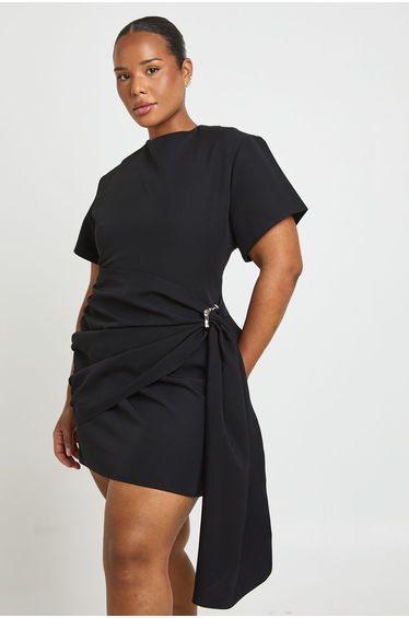 Plus Trim Detail Drape Shoulder Pad Mini Dress - black