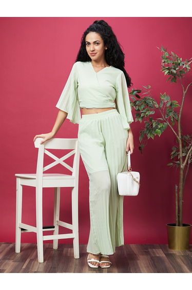 Solid V-Neck Crop Top and Pleated Pants Co-Ords