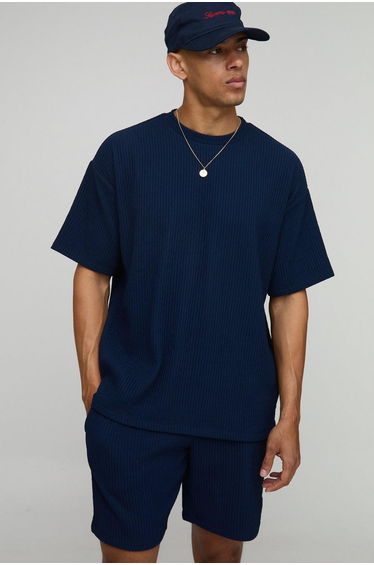 Oversized Textured Rib T-Shirt & Relaxed Shorts Set- navy