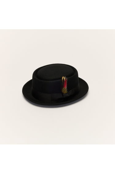 Black Pork Pie Hat with Feather Trim