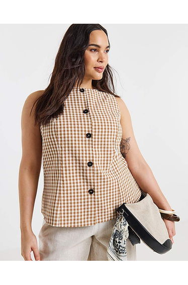 Chocolate Gingham Boat Neck Formal Top