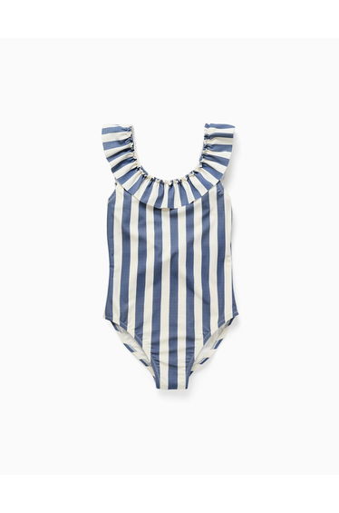 Striped Swimsuit With Ruffles You&Me For Girls, White/Blue