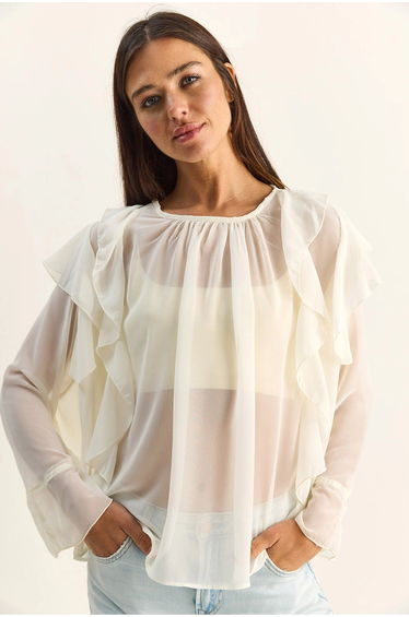 LUCCI Frilly Chiffon Crew Neck Blouse