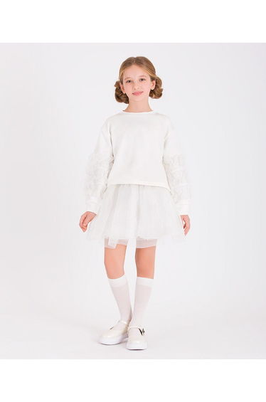 Girls Organza Detailed Sleeve Sweatshirt in White
