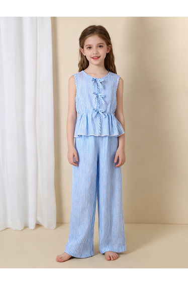 Girls Blue Striped Sleeveless Top and Pants Set