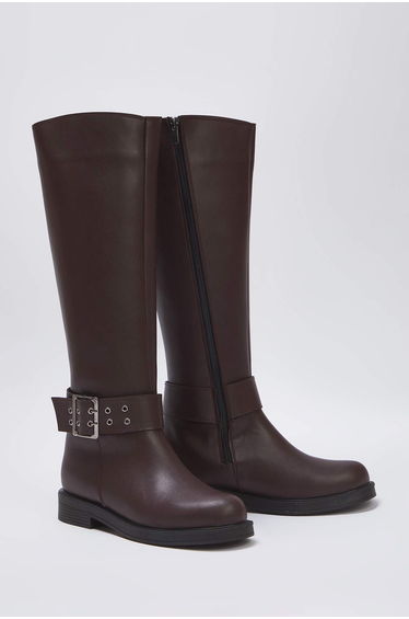 Dark Brown Eyelet Detailed Flat Sole Women's Riding Boots