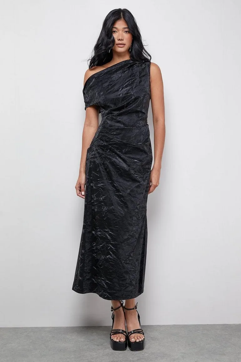 Faux Crinkle Leather Fallen Shoulder Ruched Waist  Dress - 2