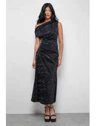Faux Crinkle Leather Fallen Shoulder Ruched Waist  Dress - 2