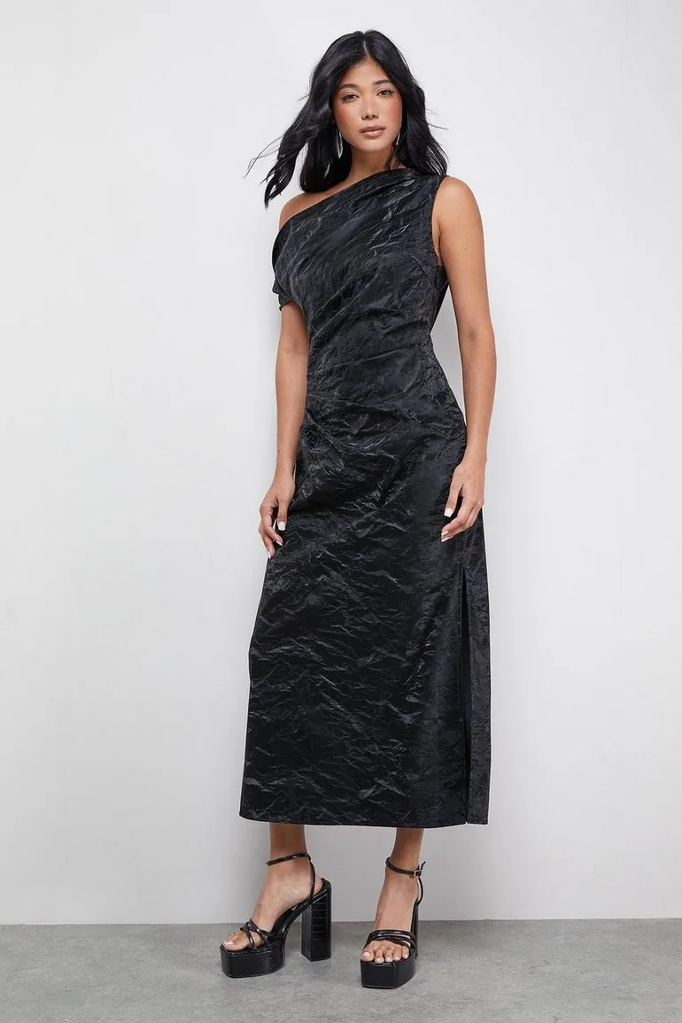 Faux Crinkle Leather Fallen Shoulder Ruched Waist  Dress