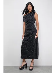 Faux Crinkle Leather Fallen Shoulder Ruched Waist  Dress