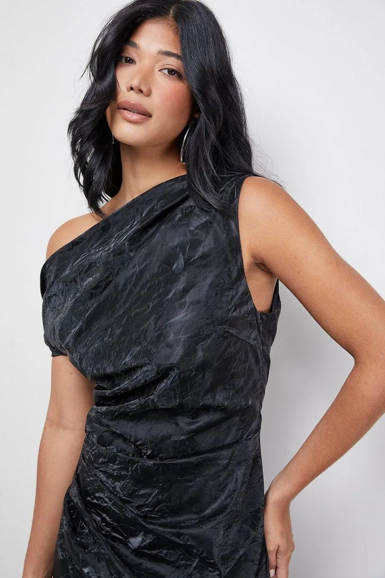 Faux Crinkle Leather Fallen Shoulder Ruched Waist  Dress - 3