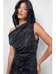 Faux Crinkle Leather Fallen Shoulder Ruched Waist  Dress - 3