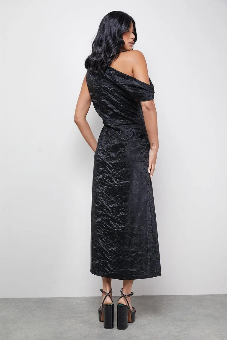 Faux Crinkle Leather Fallen Shoulder Ruched Waist  Dress - 1