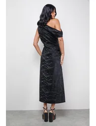 Faux Crinkle Leather Fallen Shoulder Ruched Waist  Dress - 1